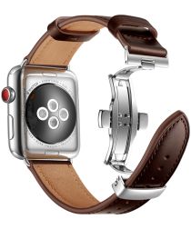 Apple Watch 45MM / 44MM / 42MM Bandje Echt Leer met RVS Vlindersluiting Brown