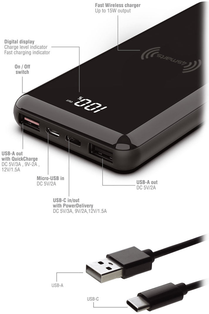 4smarts Powerbank 10.000 mAh Fast Charge 18W met Draadloos Opladen 15W afbeelding 3