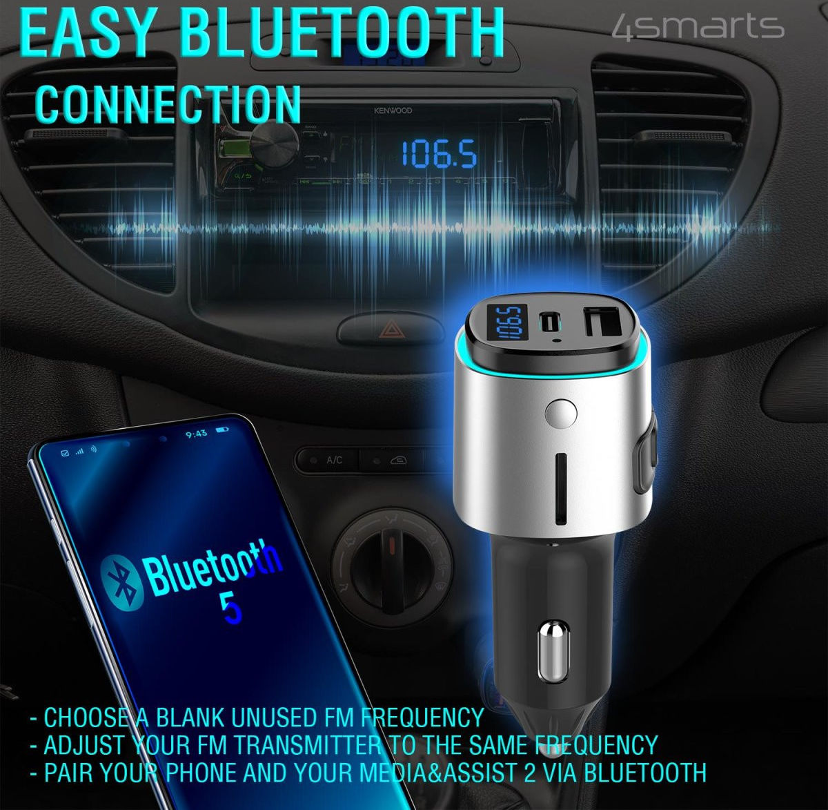 4smarts Bluetooth FM Muziek Transmitter USB/USB-C Auto Snellader Zwart afbeelding 3