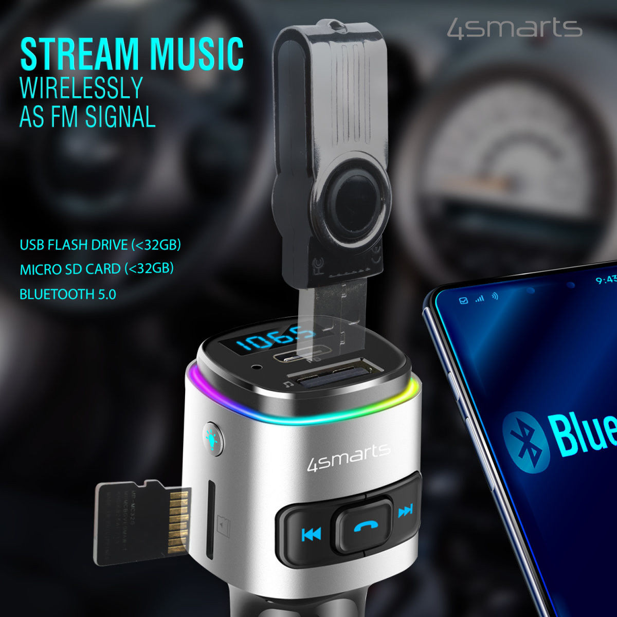 4smarts Bluetooth FM Muziek Transmitter USB/USB-C Auto Snellader Zwart afbeelding 4