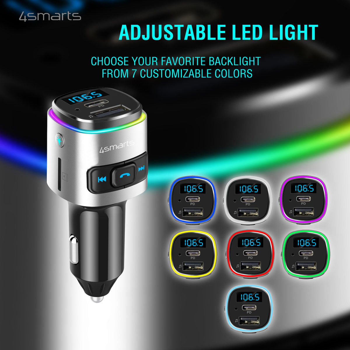 4smarts Bluetooth FM Muziek Transmitter USB/USB-C Auto Snellader Zwart afbeelding 5