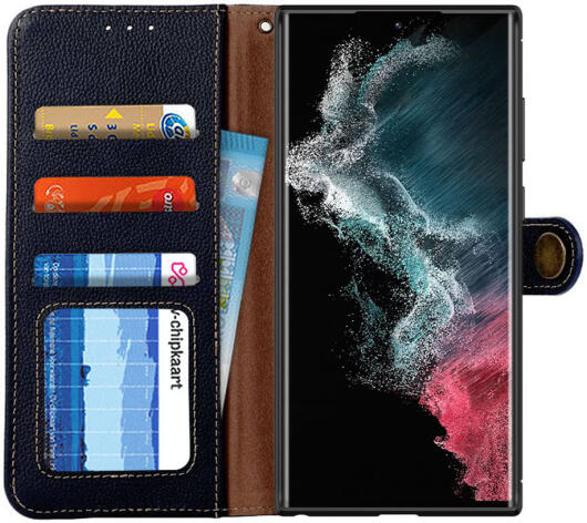 KHAZNEH Samsung Galaxy S22 Ultra Hoesje RFID Book Case Echt Leer Zwart afbeelding 1