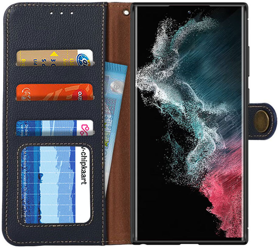 KHAZNEH Samsung Galaxy S22 Ultra Hoesje RFID Book Case Echt Leer Blauw afbeelding 1