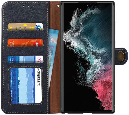 KHAZNEH Samsung Galaxy S22 Ultra Hoesje RFID Book Case Echt Leer Blauw afbeelding 1