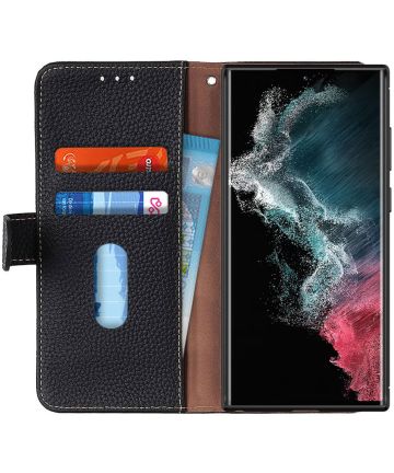 KHAZNEH Samsung Galaxy S22 Ultra Hoesje Wallet Case Echt Leer Zwart Hoesjes