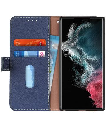 KHAZNEH Samsung Galaxy S22 Ultra Hoesje Wallet Case Echt Leer Blauw Hoesjes