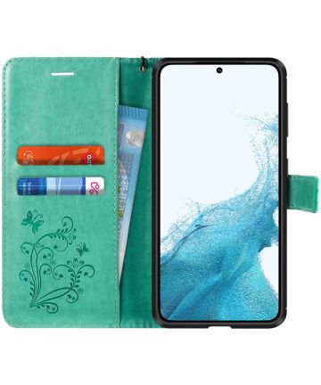 Samsung Galaxy S22 Hoesje Wallet Case met Koord Vlinder Print Groen Hoesjes
