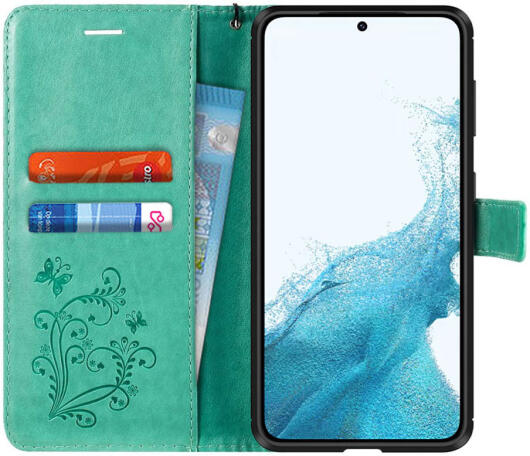 Samsung Galaxy S22 Hoesje Wallet Case met Koord Vlinder Print Groen afbeelding 1