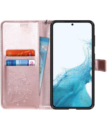 Samsung Galaxy S22 Hoesje Wallet Case met Koord Vlinder Print Goud Hoesjes