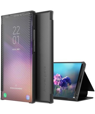 Samsung Galaxy S22 Ultra Hoesje View Cover Carbon Fiber Zwart Hoesjes