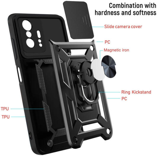 Xiaomi Mi 11T / 11T Pro Hoesje Camera Slider en Kickstand Ring Blauw afbeelding 5