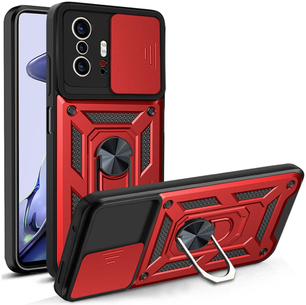 Xiaomi 11T / 11T Pro Hoesje Camera Slider en Kickstand Ring Rood afbeelding 1