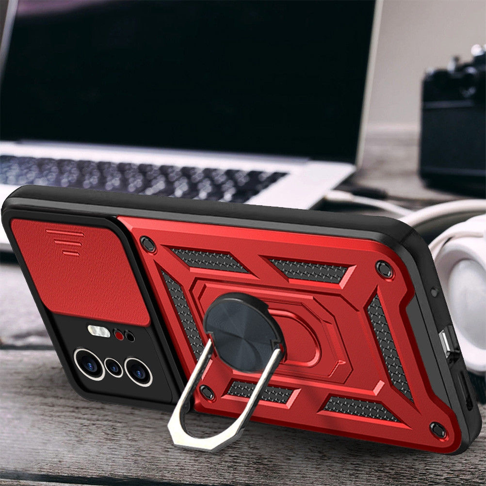 Xiaomi 11T / 11T Pro Hoesje Camera Slider en Kickstand Ring Rood afbeelding 2