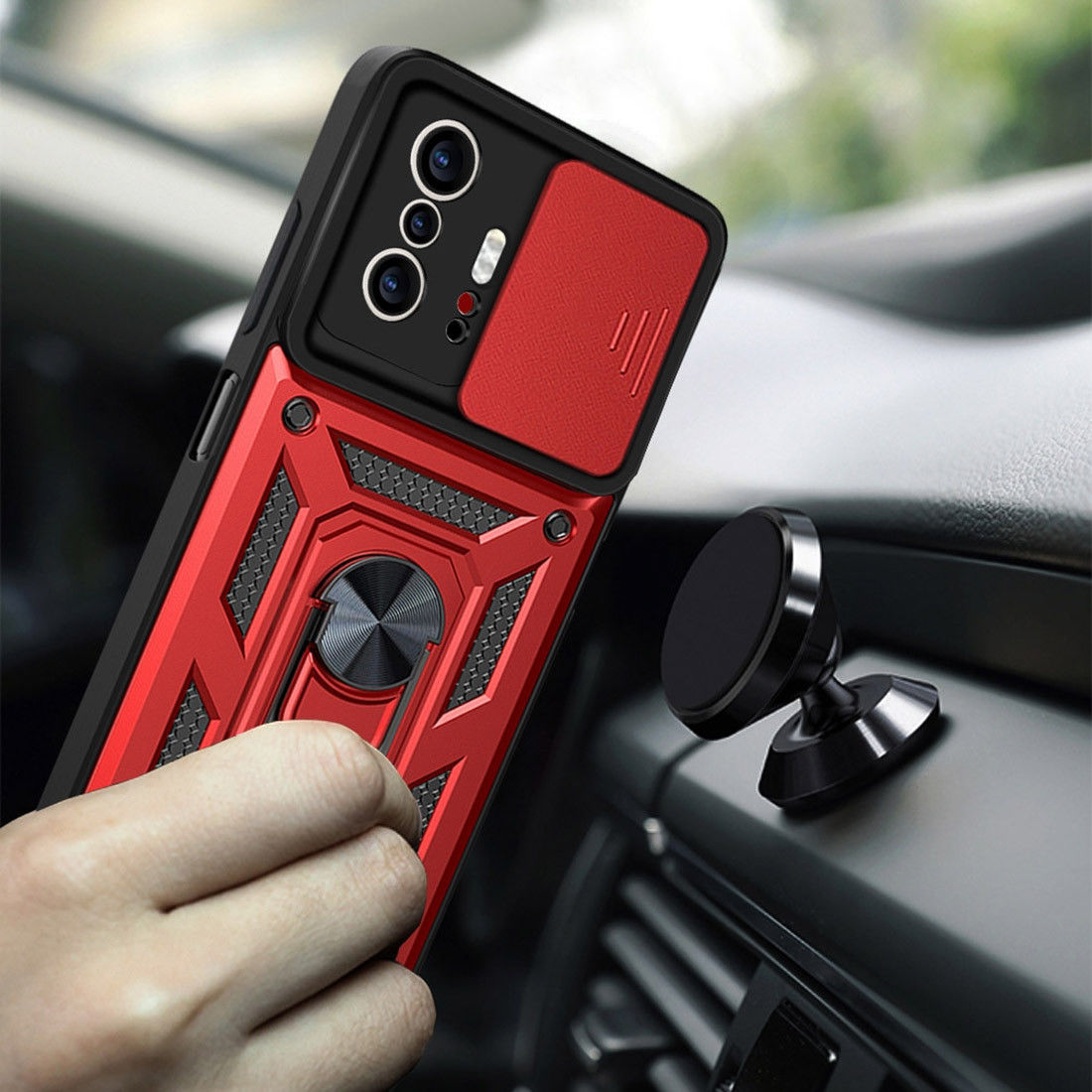 Xiaomi 11T / 11T Pro Hoesje Camera Slider en Kickstand Ring Rood afbeelding 4