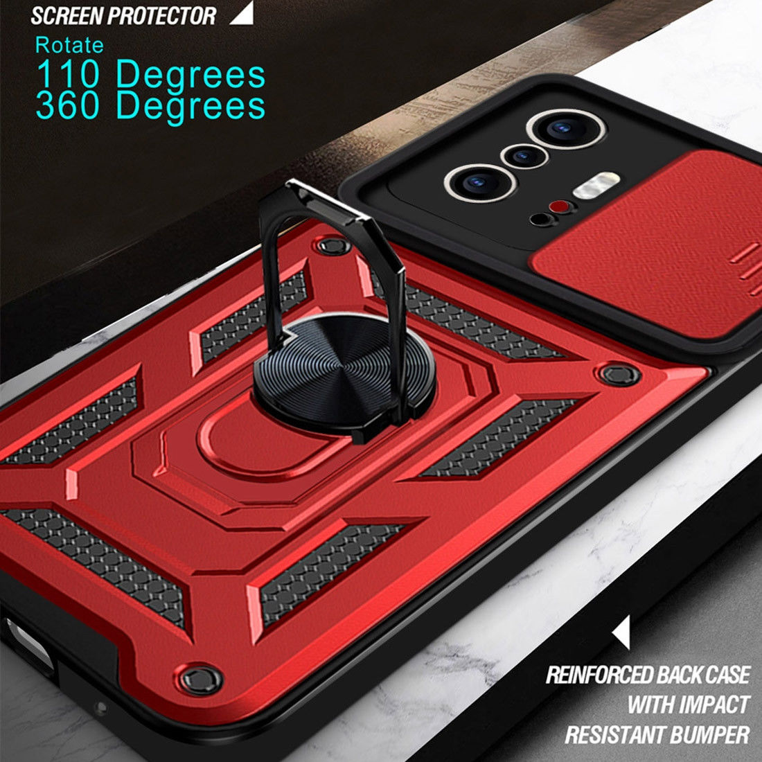Xiaomi 11T / 11T Pro Hoesje Camera Slider en Kickstand Ring Rood afbeelding 6