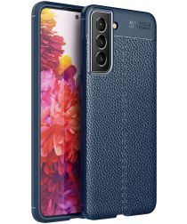 Samsung Galaxy S21 FE Hoesje Leren Litichi Textuur Back Cover Blauw