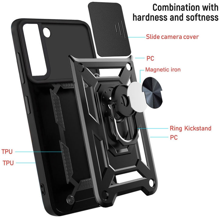 Samsung Galaxy S22 Plus Hoesje Camera Slider en Kickstand Ring Zwart afbeelding 6
