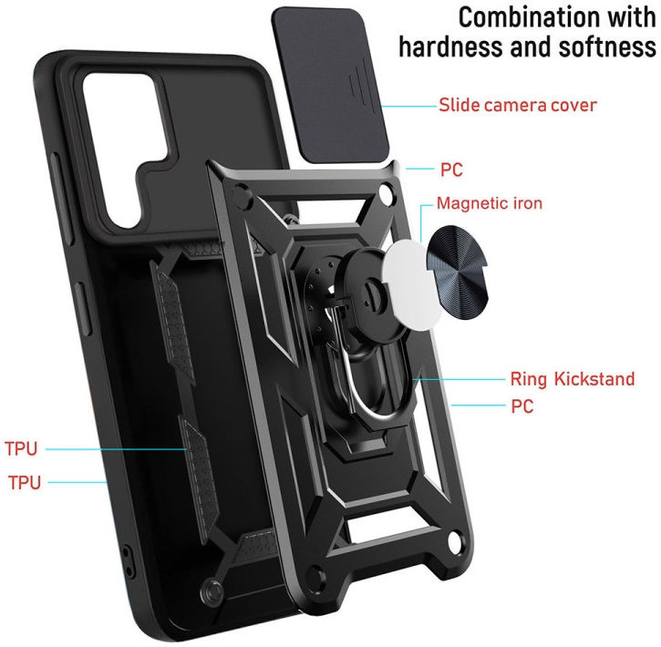 Samsung Galaxy S22 Ultra Hoesje Camera Slider en Kickstand Ring Zwart afbeelding 6