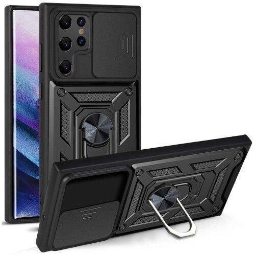 Samsung Galaxy S22 Ultra Hoesje Camera Slider en Kickstand Ring Zwart afbeelding 1