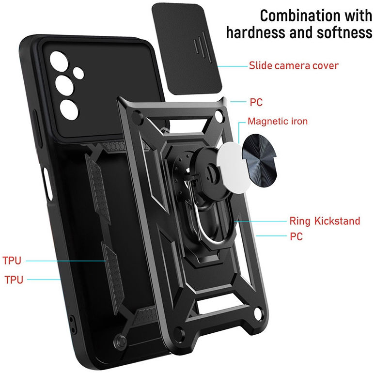 Samsung Galaxy A13 5G / A04s Hoesje Camera Slider en Kickstand Zwart afbeelding 2