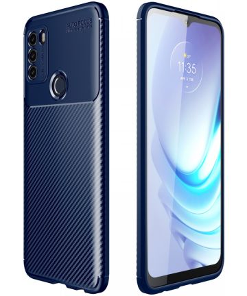Motorola Moto G50 Hoesje Siliconen Carbon TPU Back Cover Blauw Hoesjes