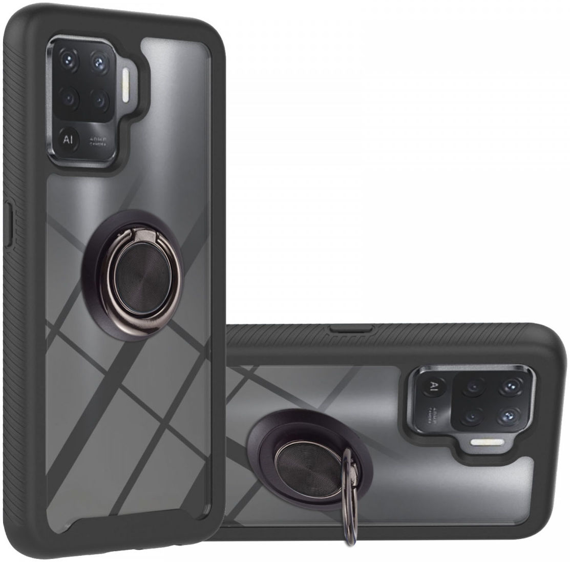 Oppo Reno5 Lite Hoesje Kickstand Ring Back Cover Transparant/Zwart afbeelding 1