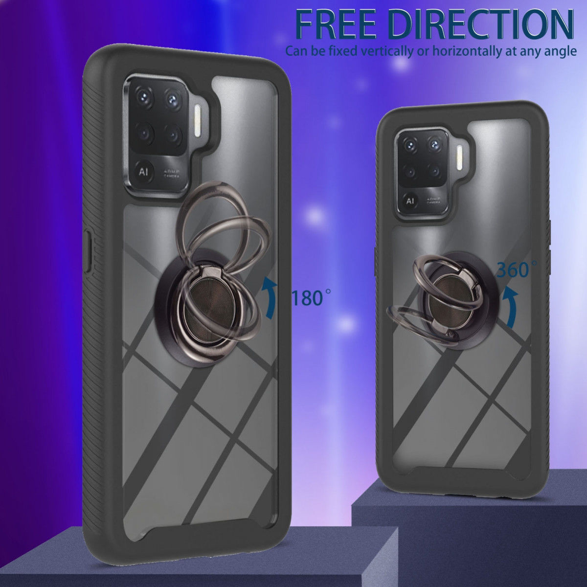 Oppo Reno5 Lite Hoesje Kickstand Ring Back Cover Transparant/Zwart afbeelding 6