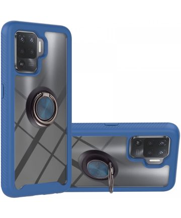 Oppo Reno5 Lite Hoesje Kickstand Ring Back Cover Transparant/Blauw Hoesjes