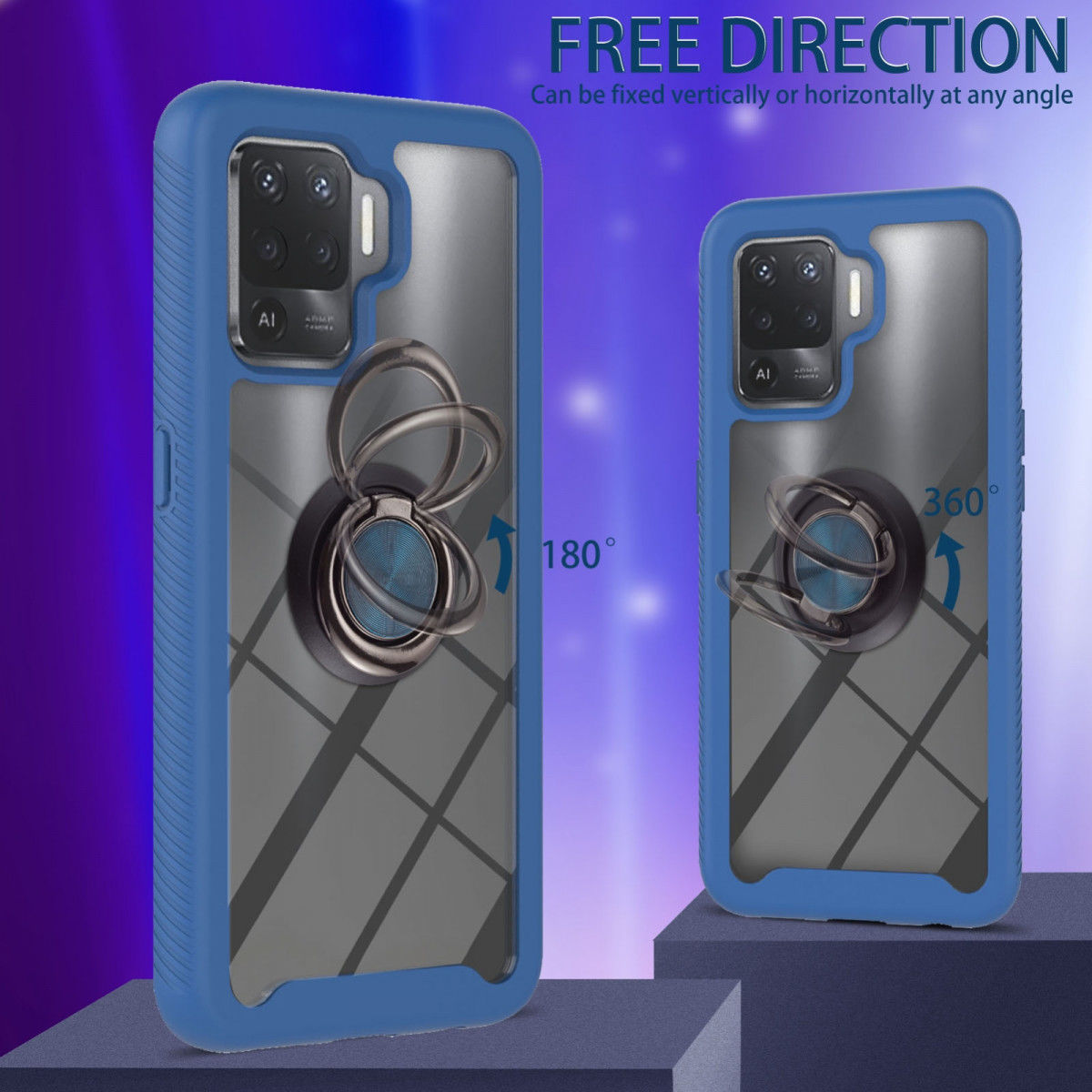 Oppo Reno5 Lite Hoesje Kickstand Ring Back Cover Transparant/Blauw afbeelding 4