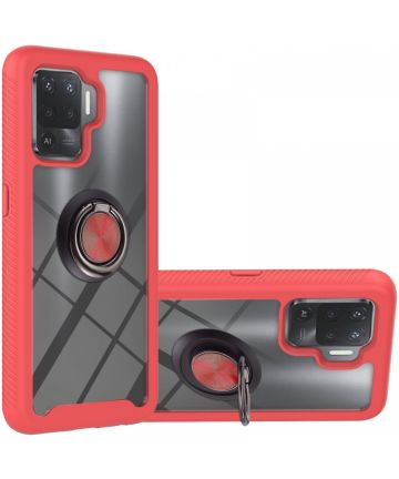 Oppo Reno5 Lite Hoesje Kickstand Ring Back Cover Transparant/Rood Hoesjes