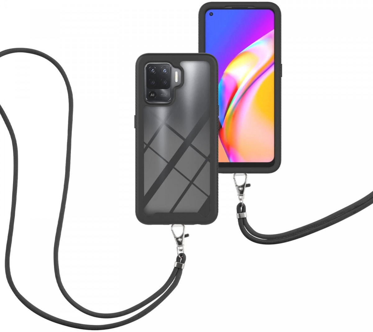 Oppo Reno5 Lite Hoesje met Koord TPU Back Cover Keycord Zwart afbeelding 3