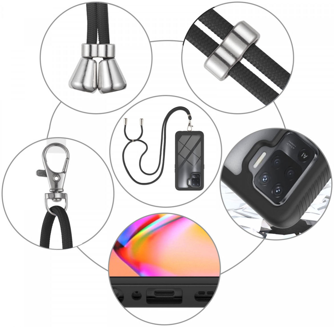 Oppo Reno5 Lite Hoesje met Koord TPU Back Cover Keycord Zwart afbeelding 6