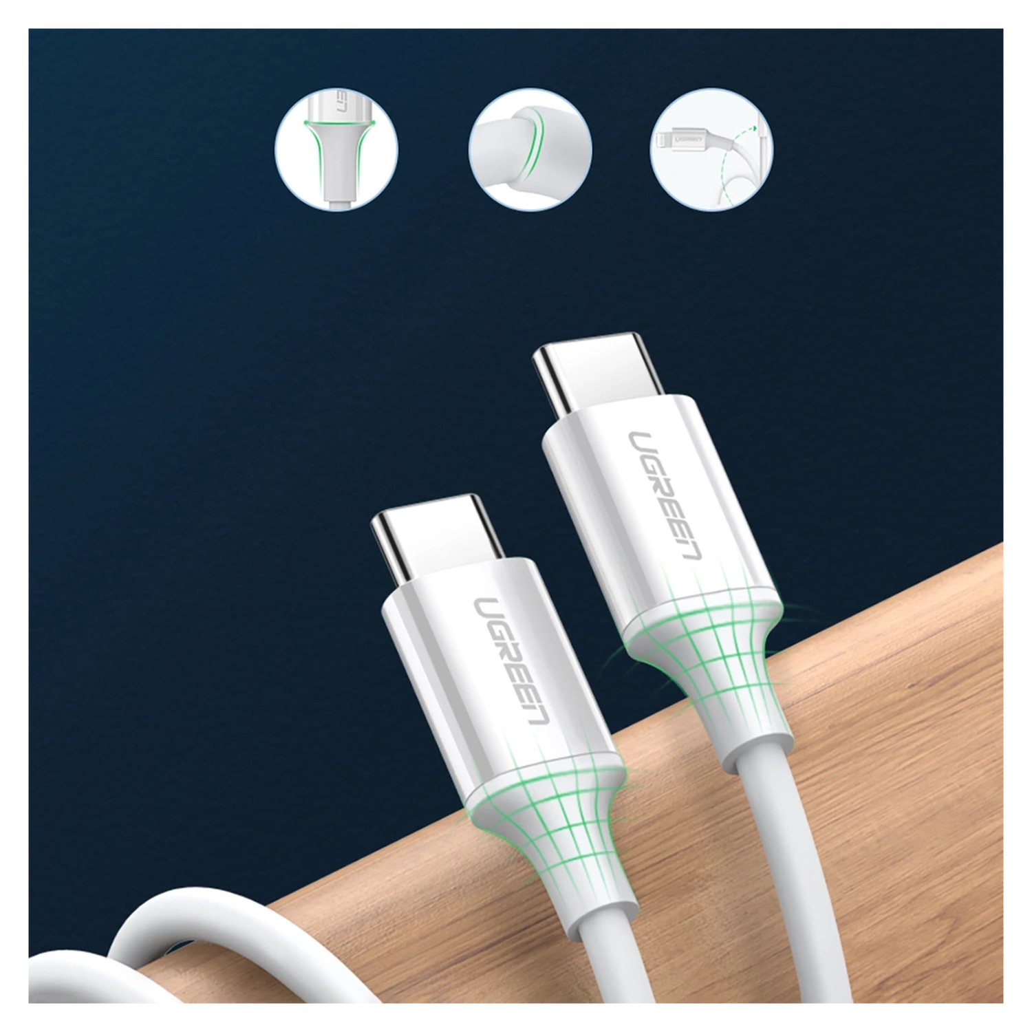 UGREEN USB-C naar USB-C Kabel 60W Data en Oplaadkabel 1.5M Wit afbeelding 7