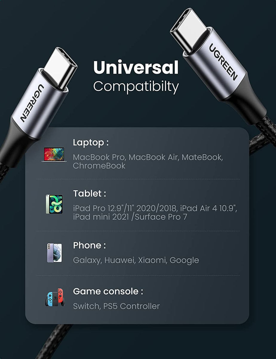 UGREEN Gevlochten USB-C naar USB-C Kabel 60W PD Charge 0,5 Meter Zwart afbeelding 7