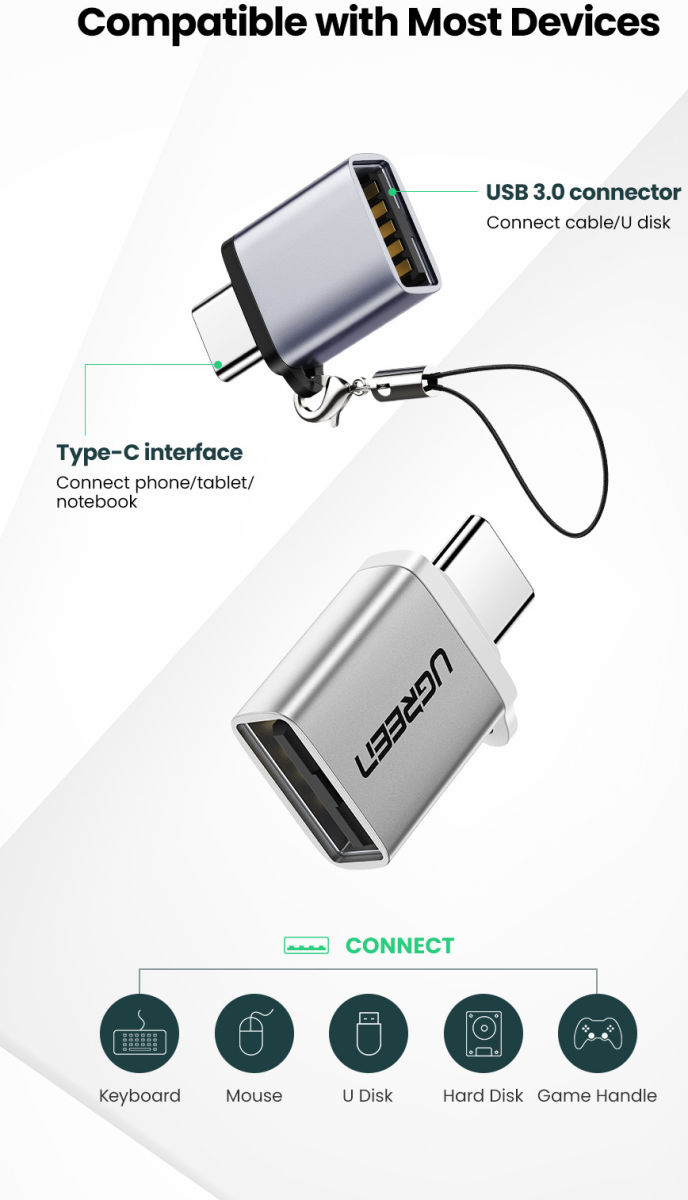 UGREEN USB-C naar USB-A 3.0 Adapter On The Go Converter Grijs afbeelding 3