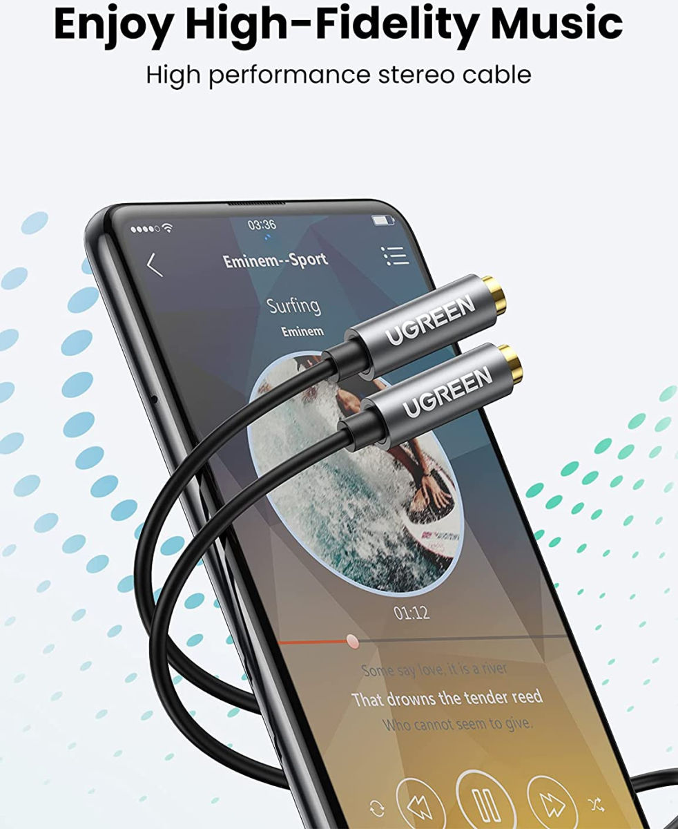 UGREEN 3.5mm Jack Stereo Audio Duo Splitter Kabel 20CM Grijs afbeelding 4