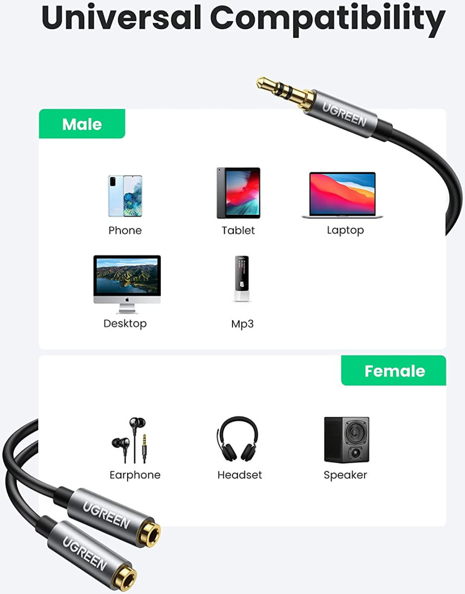 UGREEN 3.5mm Jack Stereo Audio Duo Splitter Kabel 20CM Grijs afbeelding 5