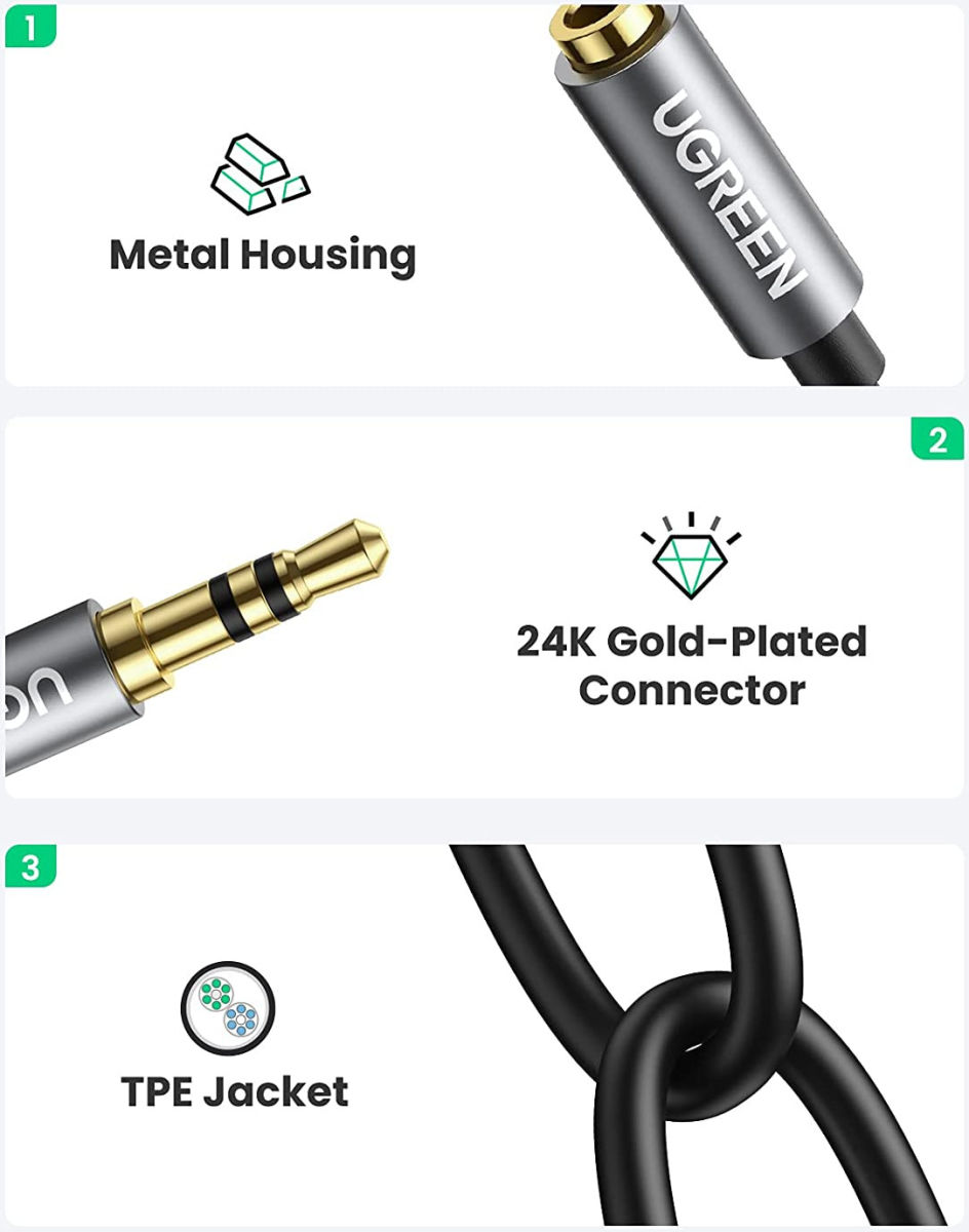 UGREEN 3.5mm Jack Stereo Audio Duo Splitter Kabel 20CM Grijs afbeelding 6