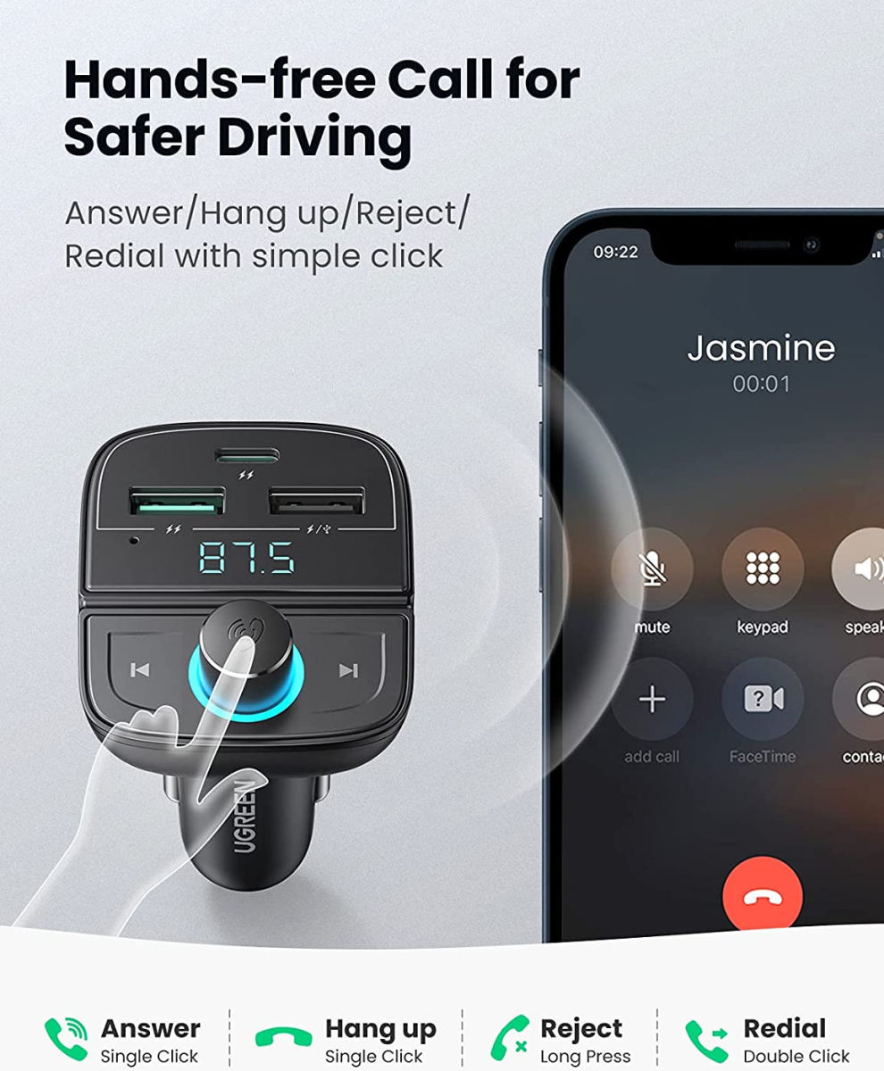 UGREEN Bluetooth FM Transmitter met USB-A / USB-C 30W Autolader Zwart afbeelding 5