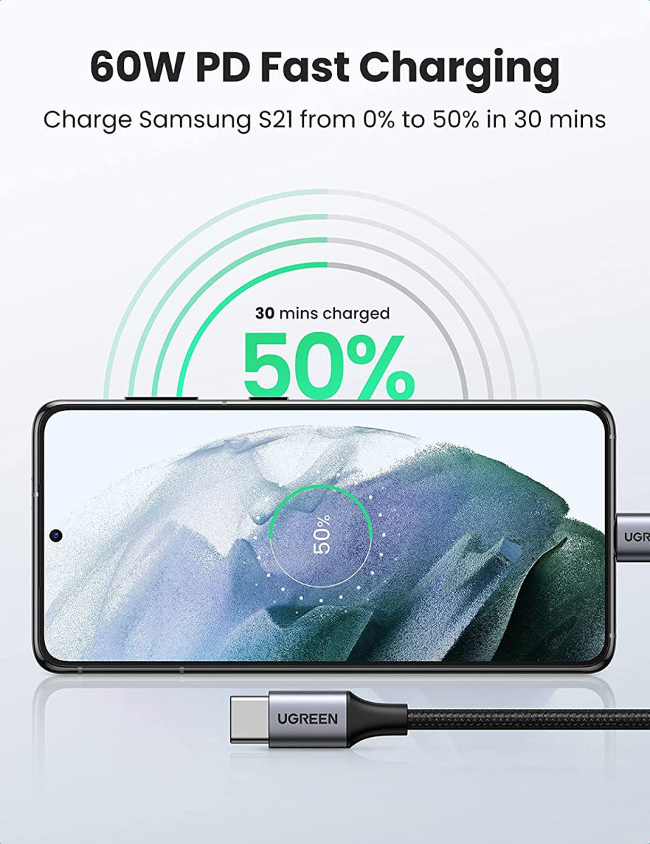 UGREEN Gevlochten USB-C naar USB-C Kabel 60W PD Charge 1 Meter Zwart afbeelding 2