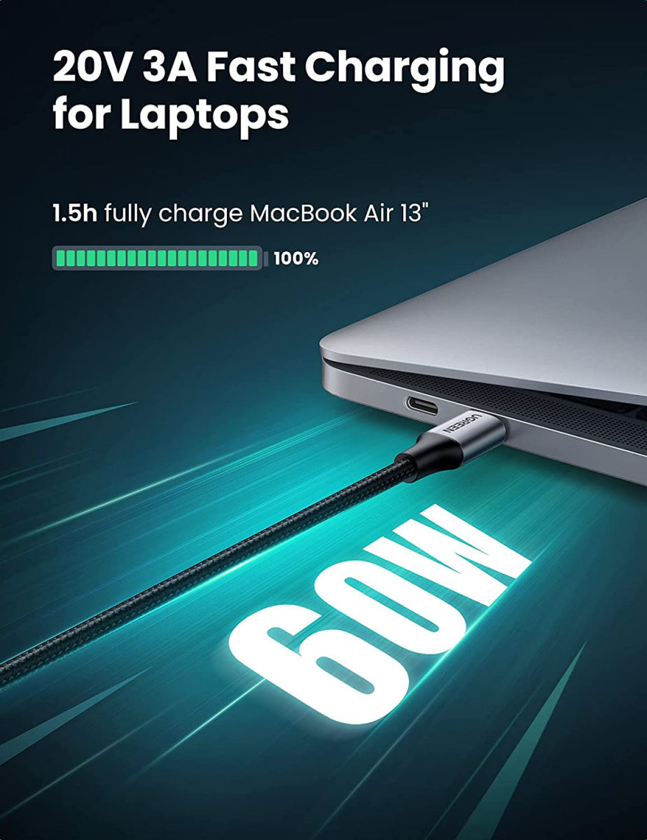UGREEN Gevlochten USB-C naar USB-C Kabel 60W PD Charge 1 Meter Zwart afbeelding 5