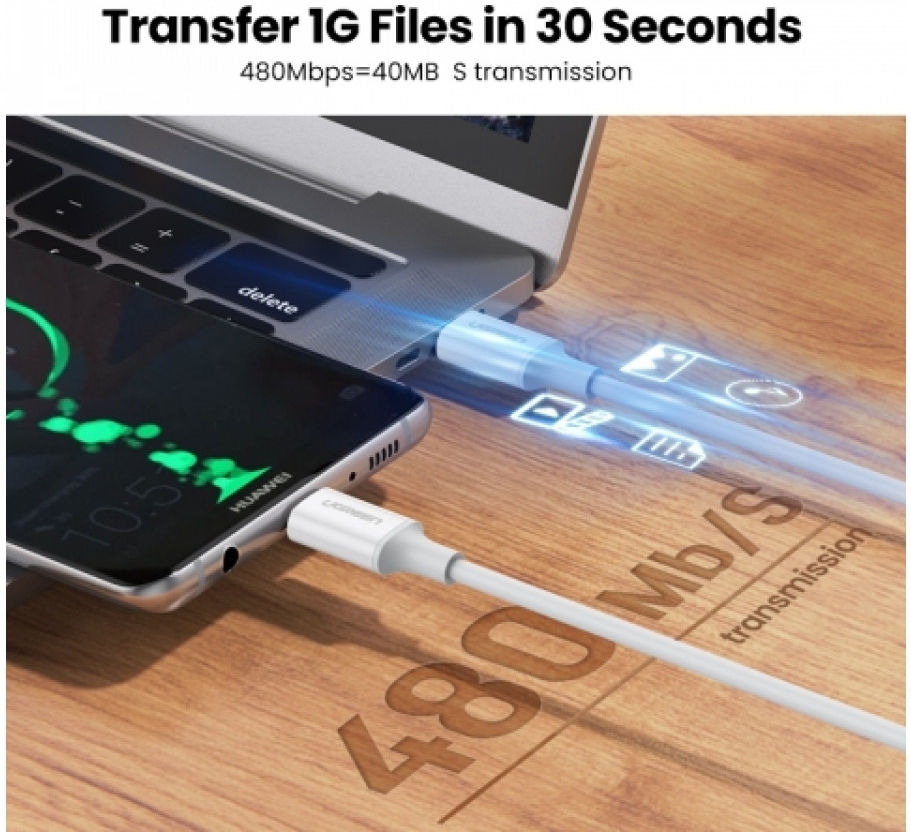 UGREEN USB-C naar USB-C Kabel 3A Fast Charge 0.5 Meter Wit afbeelding 3