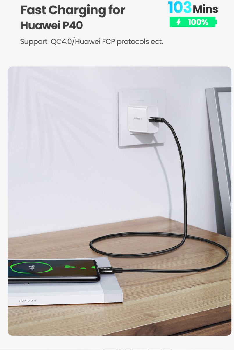 UGREEN USB-C naar USB-C Kabel voor Opladen en Data 100 Watt 1m Zwart afbeelding 3