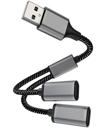 4Smarts 2-in-1 USB-A naar USB-C Gevlochten Kabel 20 CM Zwart Kabels