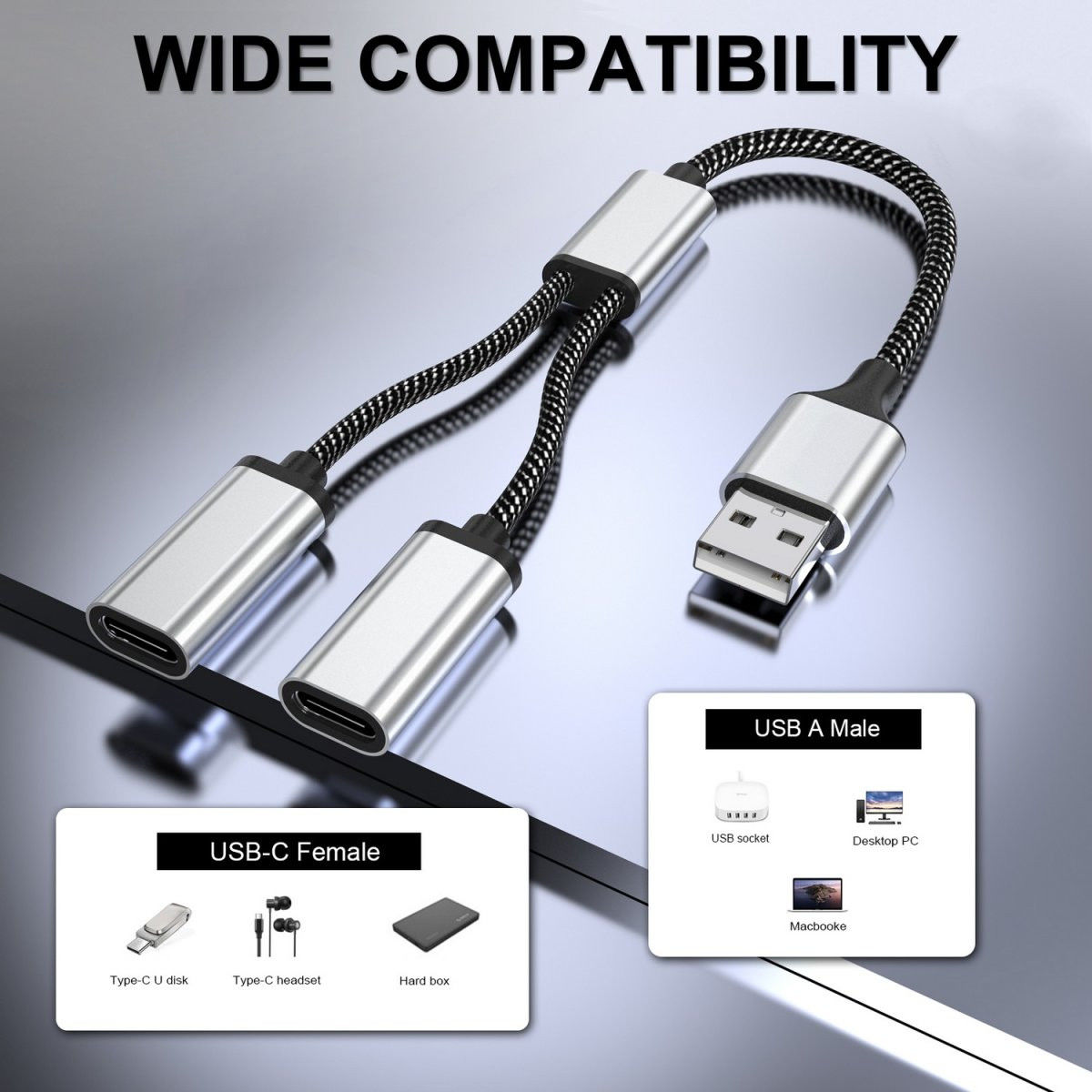 4Smarts 2-in-1 USB-A naar USB-C Gevlochten Kabel 20 CM Zwart afbeelding 2