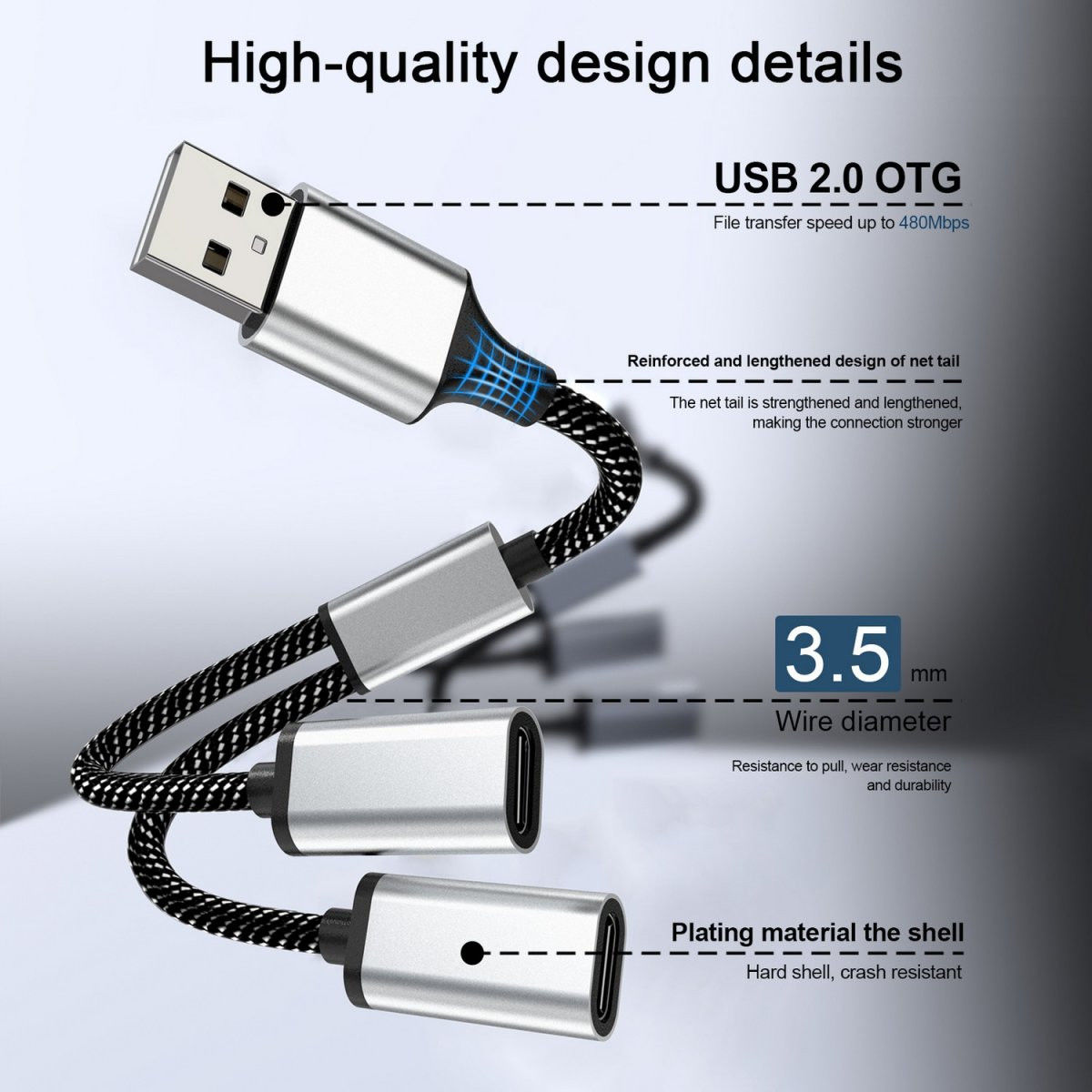 4Smarts 2-in-1 USB-A naar USB-C Gevlochten Kabel 20 CM Zwart afbeelding 7