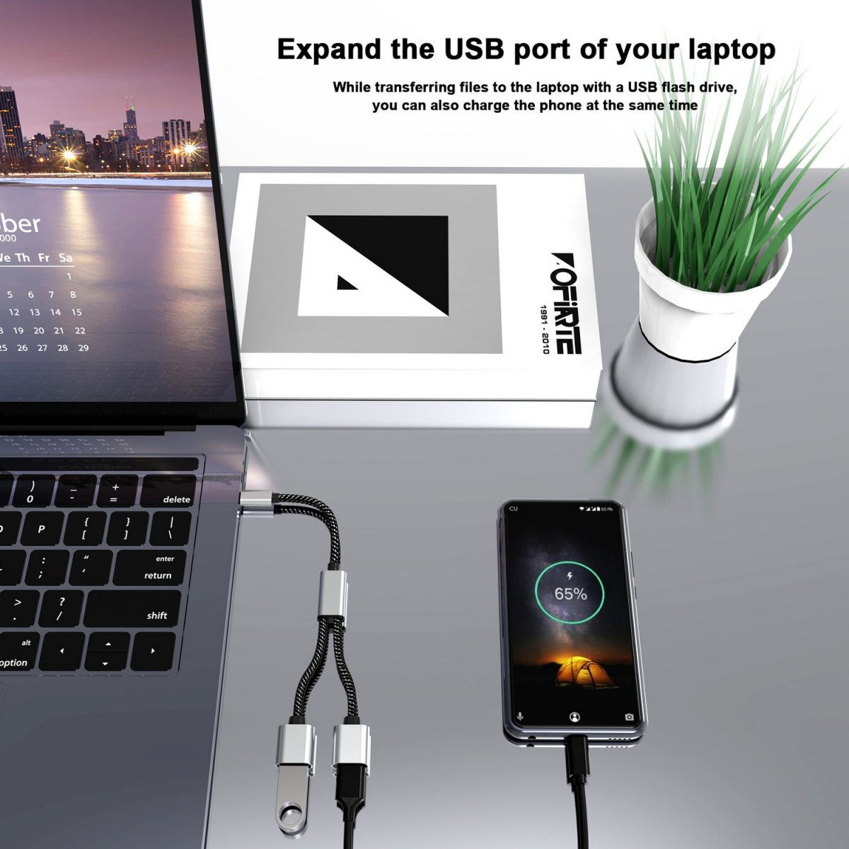 4Smarts 2-In-1 USB-C naar USB-A Gevlochten Kabel 20 CM Grijs afbeelding 2