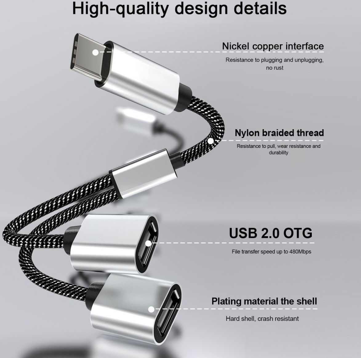 4Smarts 2-In-1 USB-C naar USB-A Gevlochten Kabel 20 CM Grijs afbeelding 4