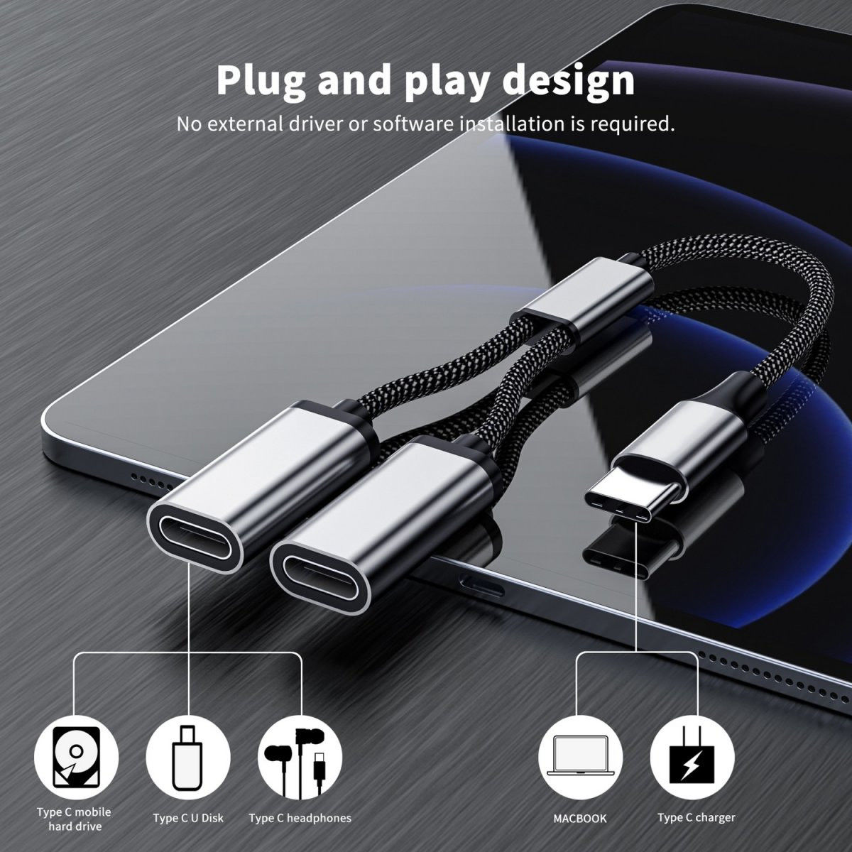 4smarts USB-C naar 2x USB-C Splitter MacBook/USB-C Adapter 20CM Grijs afbeelding 2