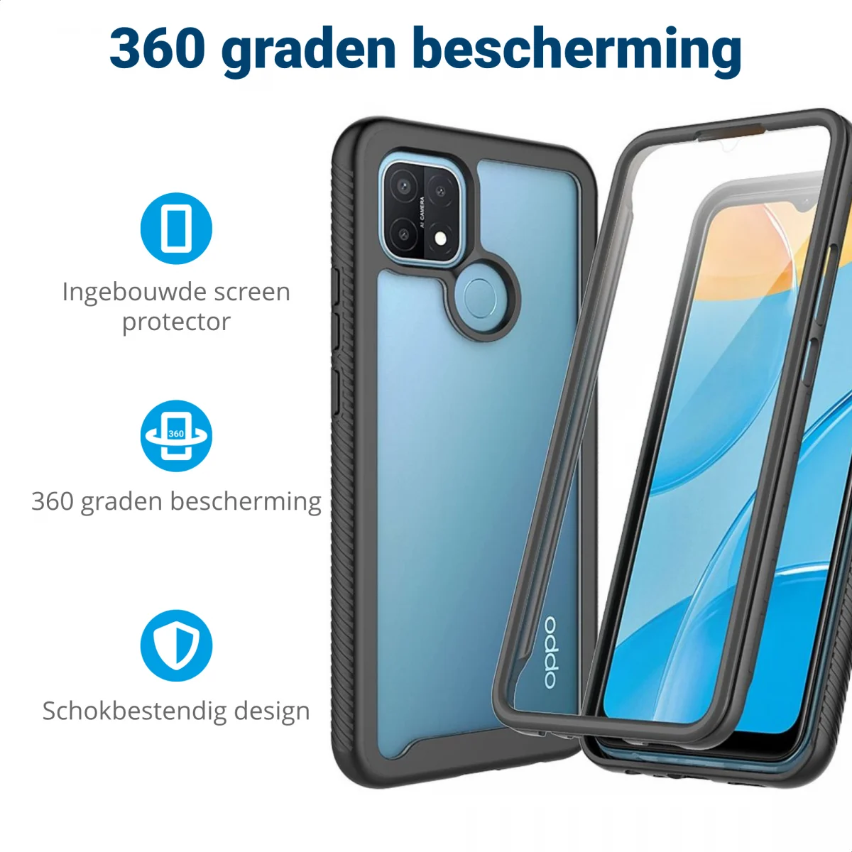 Oppo A15 Hoesje Full Protect 360° Cover Hybride Zwart afbeelding 2